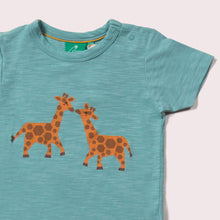 Lade das Bild in den Galerie-Viewer,    Little-Green-Radicals-Blue-And-Orange-Short-Sleeve-T-Shirt-With-Giraffe-Print-Closeup
