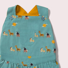 Load image into Gallery viewer,     Little-Green-Radicals-Blue-DressSet-With-Sunshine-Giraffe-Elephant-And-Horse-Print-Closeup
