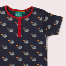 Load image into Gallery viewer,    Little-Green-Radicals-Blue-Short-Sleeve-Henley-Top-With-Whale-Print-Closeup
