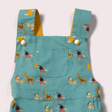 Lade das Bild in den Galerie-Viewer,     Little-Green-Radicals-Blue-and_Yellow-Shortie-Dungarees-With-Giraffe-Horse-and-Elephant-Print-Closeup
