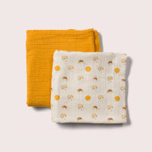 Lade das Bild in den Galerie-Viewer,     Little-Green-Radicals-Cream-And-Orange-Organic-Baby-Muslin-Set-2-Pack-With-Sunshine-and-Rainbow-Print
