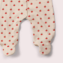 Load image into Gallery viewer,       Little-Green-Radicals-Cream-Organic-Babygrow-With-Apple-Print-Closeup-View
