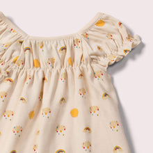 Load image into Gallery viewer,       Little-Green-Radicals-Cream-Pocket-Playdays-Dress-With-Sunshine-And-Rainbow-Print-Closeup
