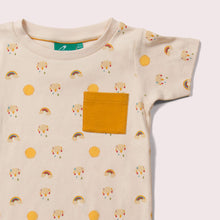 Load image into Gallery viewer,       Little-Green-Radicals-Cream-T-Shirt-And-Jogger-Playset-With-Sunshine-And-Rainbow-Print-Closeup-View
