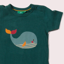 Load image into Gallery viewer, Little-Green-Radicals-Green-And-Blue-Organic-Short-Sleeve-T-Shirt-With-Whale-Print-Closeup
