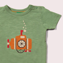 Load image into Gallery viewer, Little-Green-Radicals-Green-And-Orange-Short-Sleeve-T-Shirt-With-Submarine-Print-Closeup
