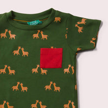 Lade das Bild in den Galerie-Viewer,       Little-Green-Radicals-Green-And-Red-T-Shirt-And-Jogger-Playset-With-Giraffe-Print-Top-Closeup
