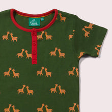 Cargar imagen en el visor de la galería,     Little-Green-Radicals-Green-And-Yellow-Short-Sleeve-Henley-Top-With-Giraffe-Print-Closeup
