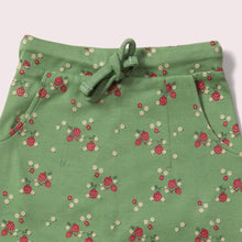 Lade das Bild in den Galerie-Viewer, Little-Green-Radicals-Green-Organic-Comfy-Joggers-With-Strawberry-Print-Closeup-View
