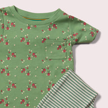 Cargar imagen en el visor de la galería,     Little-Green-Radicals-Green-T-Shirt-And-Jogger-Playset-With-Strawberry-Print-Closeup
