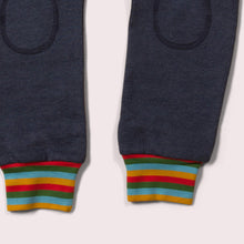 Lade das Bild in den Galerie-Viewer, Little-Green-Radicals-Navy-Blue-Marl-Organic-Comfy-Joggers-With-Rainbow-Pattern-Closeup-View
