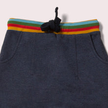 Lade das Bild in den Galerie-Viewer,       Little-Green-Radicals-Navy-Blue-Marl-Organic-Comfy-Joggers-With-Rainbow-Pattern-Closeup
