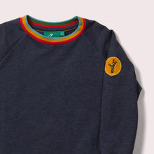 Lade das Bild in den Galerie-Viewer,     Little-Green-Radicals-Navy-Blue-Marl-Sweatshirt-With-Rainbow-Pattern-Closeup
