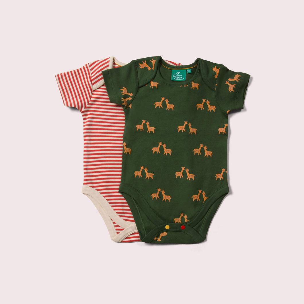     Little-Green-Radicals-Red-And-Cream-Striped-Green-and_Yellow-Baby-Bodies-Set-Two-Pack-With-Giraffe-Print