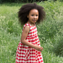 Cargar imagen en el visor de la galería,       Little-Green-Radicals-Red-Check-Pinny-Dres-Kid-Closeup
