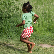 Lade das Bild in den Galerie-Viewer, Little-Green-Radicals-Red-Seersucker-Shorts-With-Check-Pattern-Kid-Back
