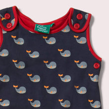 Load image into Gallery viewer,    Little-Green-Radicals-Red-and_Blue-Dungarees-With_Whale-Print-Closeup
