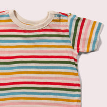 Load image into Gallery viewer, Little-Green-Radicals-Striped-Short-Sleeve-T-Shirt-With-Rainbow-Pattern-Closeup
