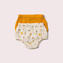 Load image into Gallery viewer,    Little-Green-Radicals-Yellow-Organic-Muslin-Bloomer-Set-2-Pack-With-Sunshine-And-Rainbow-Print
