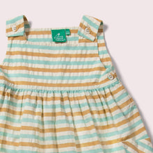 Lade das Bild in den Galerie-Viewer,       Little-Green-Radicals_Blue-And-Orange-Striped-Pinny-Dress-Closeup
