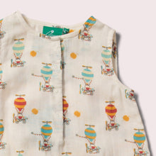 Load image into Gallery viewer, Little-Green-Radicals_Blue-Cream-and_Orange-Organic-Sleeveless-Baby-Bubble-Body-With-Hot-Air-Balloon-Print-Closeup
