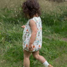 Load image into Gallery viewer,       Little-Green-Radicals_Blue-Cream-and_Orange-Organic-Sleeveless-Baby-Bubble-Body-With-Hot-Air-Balloon-Print-Kid-Side
