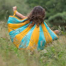 Cargar imagen en el visor de la galería,       Little-Green-Radicals_Blue-and-Yellow-Striped-Play-Cape-Kid-Back
