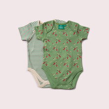 Lade das Bild in den Galerie-Viewer,     Little-Green-Radicals_Green-Striped-Baby-Bodies-Set-Two-Pack-WithStrawberry-Print
