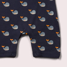 Load image into Gallery viewer, Little-Green-Radicals_Navy-and-Blue-Organic-Shortie-Romper-With-Whale-Print-Closeup-View
