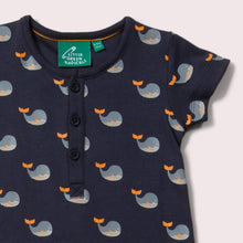 Load image into Gallery viewer,     Little-Green-Radicals_Navy-and-Blue-Organic-Shortie-Romper-With-Whale-Print-Closeup
