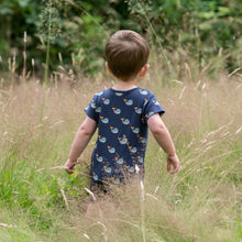 Load image into Gallery viewer, Little-Green-Radicals_Navy-and-Blue-Organic-Shortie-Romper-With-Whale-Print-Kid-_Back
