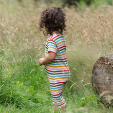 Load image into Gallery viewer, Little-Green-Radicals_Red-Green-Blue-Orange_Pink-and-Cream-Striped-Organic-Shortie-Romper-With-Rainbow-Print-Back-View
