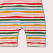 Load image into Gallery viewer,     Little-Green-Radicals_Red-Green-Blue-Orange_Pink-and-Cream-Striped-Organic-Shortie-Romper-With-Rainbow-Print-Closeup-View
