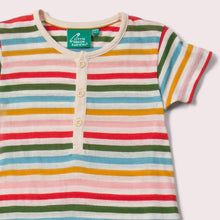 Load image into Gallery viewer,     Little-Green-Radicals_Red-Green-Blue-Orange_Pink-and-Cream-Striped-Organic-Shortie-Romper-With-Rainbow-Print-Closeup
