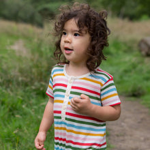 Load image into Gallery viewer,     Little-Green-Radicals_Red-Green-Blue-Orange_Pink-and-Cream-Striped-Organic-Shortie-Romper-With-Rainbow-Print-Kid-Sideview
