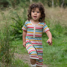 Load image into Gallery viewer, Little-Green-Radicals_Red-Green-Blue-Orange_Pink-and-Cream-Striped-Organic-Shortie-Romper-With-Rainbow-Print-Kid
