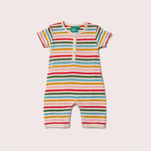 Load image into Gallery viewer, Little-Green-Radicals_Red-Green-Blue-Orange_Pink-and-Cream-Striped-Organic-Shortie-Romper-With-Rainbow-Print
