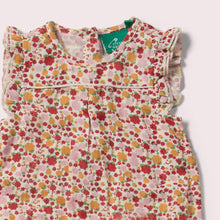 Cargar imagen en el visor de la galería,       Little-Green-Radicals_Red-Yellow-Pink-And_Cream-Organic-Summer-Romper-With-Ladybird-Pattern-Closeup
