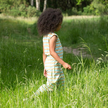 Load image into Gallery viewer,    Little-Green-Radicals_Yellow-Blue-And-Cream-Striped-Cropped-Summer-Jumpsuit-Kid-Back
