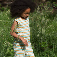 Load image into Gallery viewer,     Little-Green-Radicals_Yellow-Blue-And-Cream-Striped-Cropped-Summer-Jumpsuit-Kid-Side
