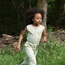 Load image into Gallery viewer, Little-Green-Radicals_Yellow-Blue-And-Cream-Striped-Cropped-Summer-Jumpsuit-Kid
