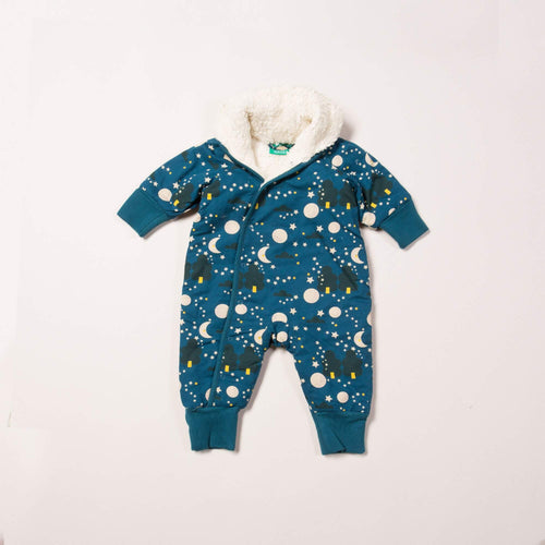 Dark blue baby snowsuiit with sherpa lining, moon and star print