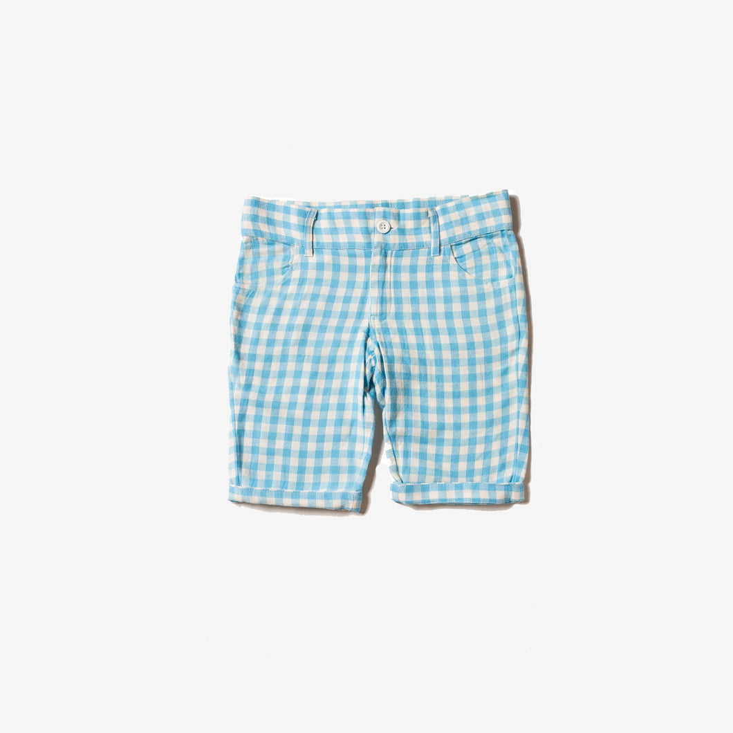 Sunshine-Shorts mit blauem Karomuster aus Maisseide